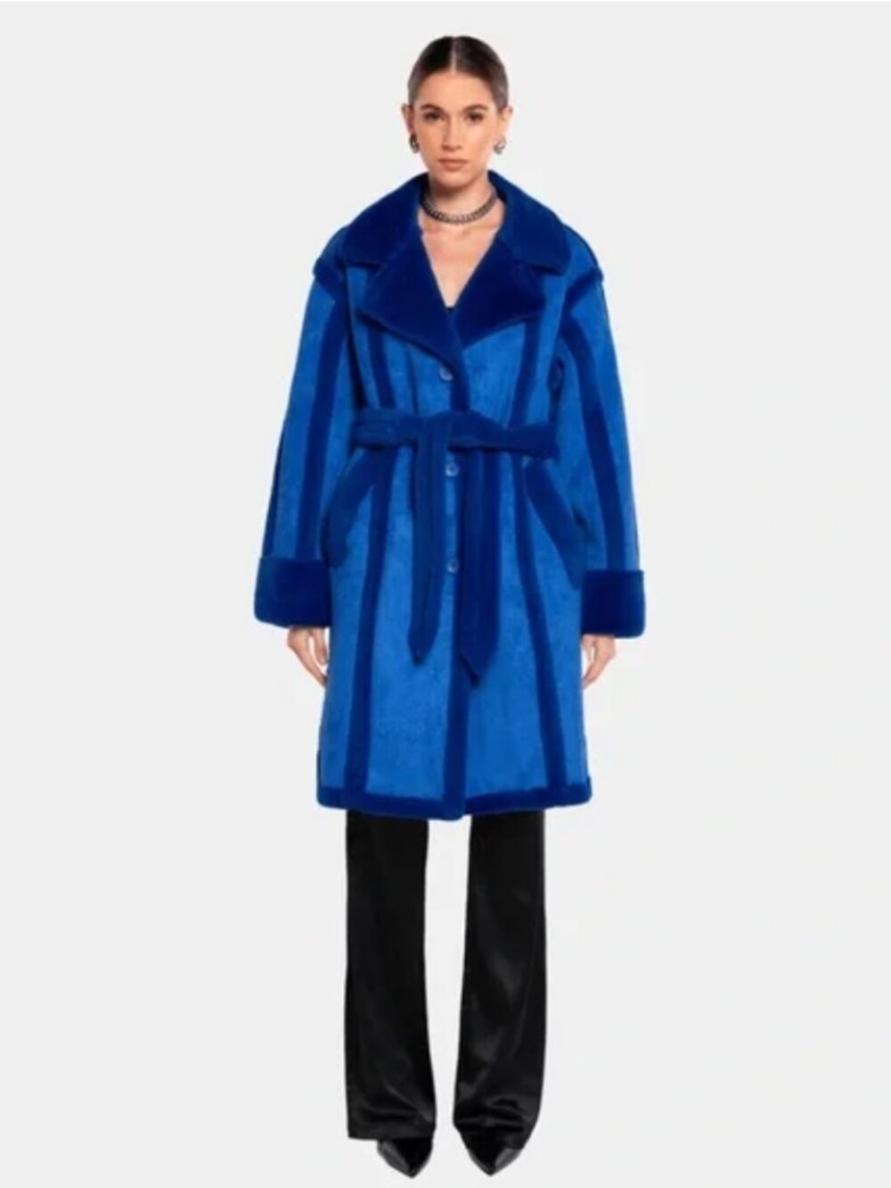 OW COLLECTION Womens New York Coat Faux Suede Faux Fur Bright Blue NWT Med